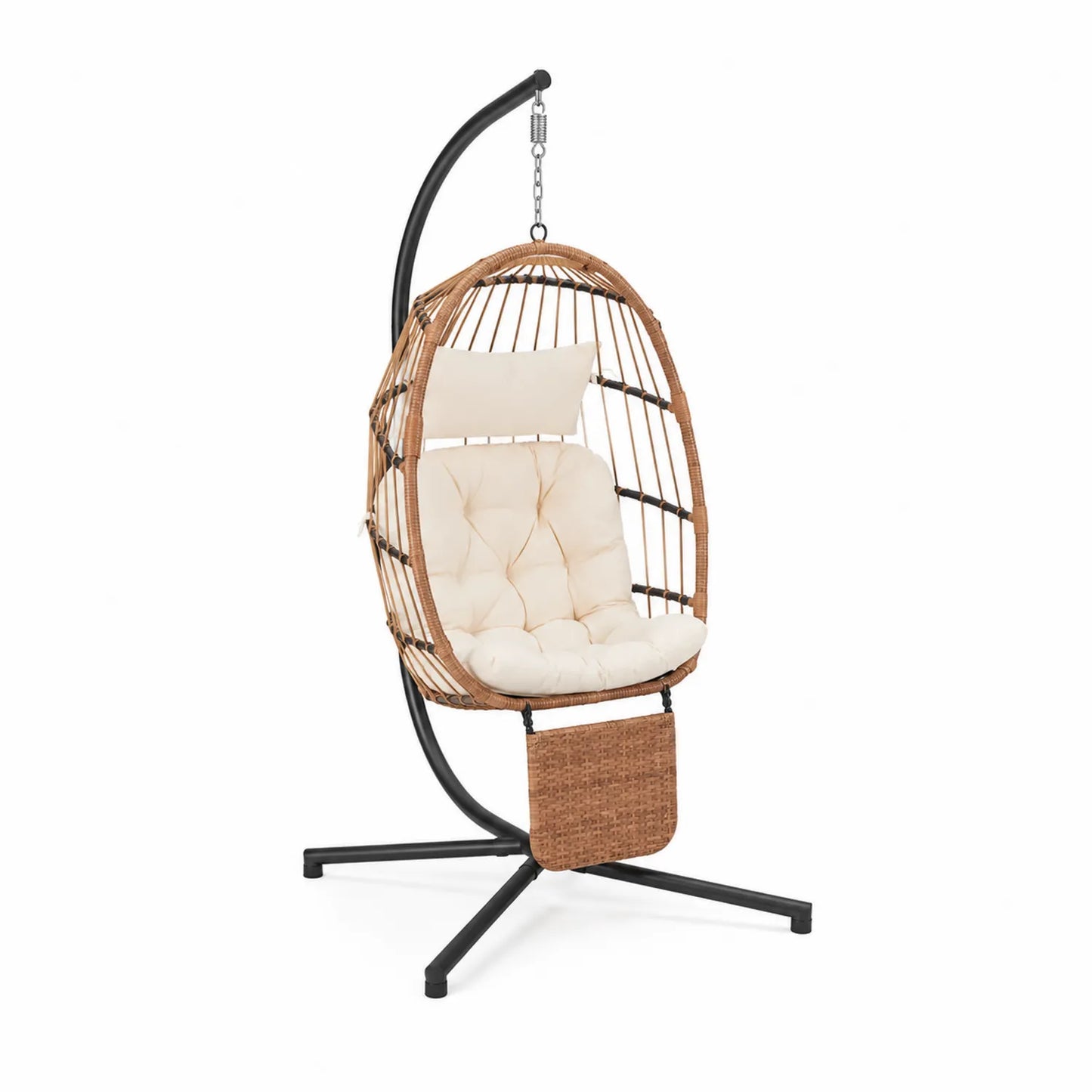 Fauteuil suspendu en rotin avec coussin beige et structure en acier