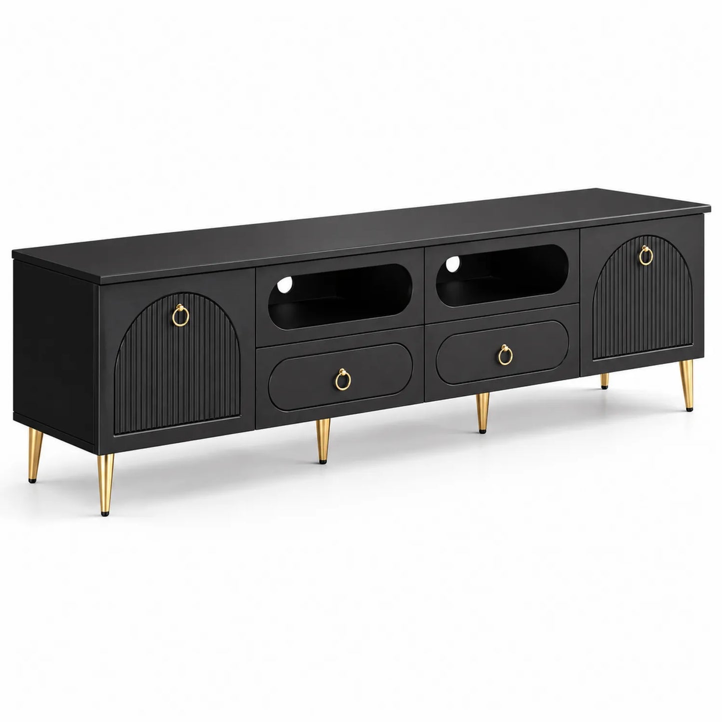 Meuble TV en bois MDF noir avec pieds métalliques dorés