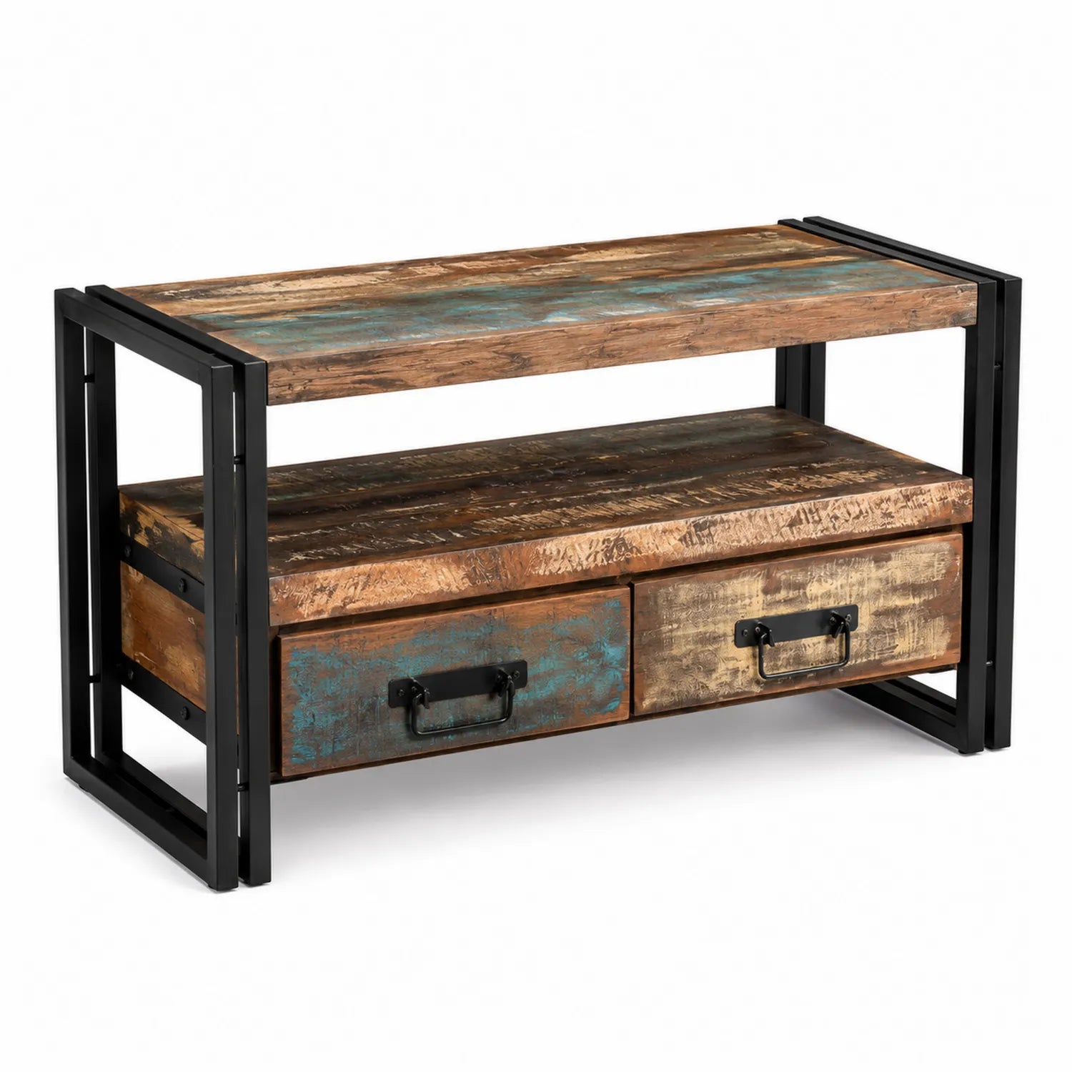 Meuble TV en Bois Recyclé et Métal avec Deux Tiroirs