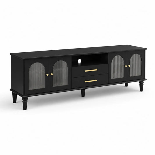 Meuble TV bois et verre noir 160x40x55 cm avec tiroirs