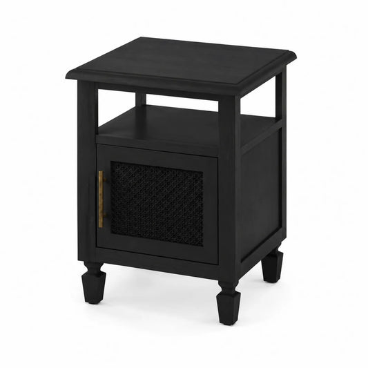 Table de chevet en bois noir avec porte en rotin