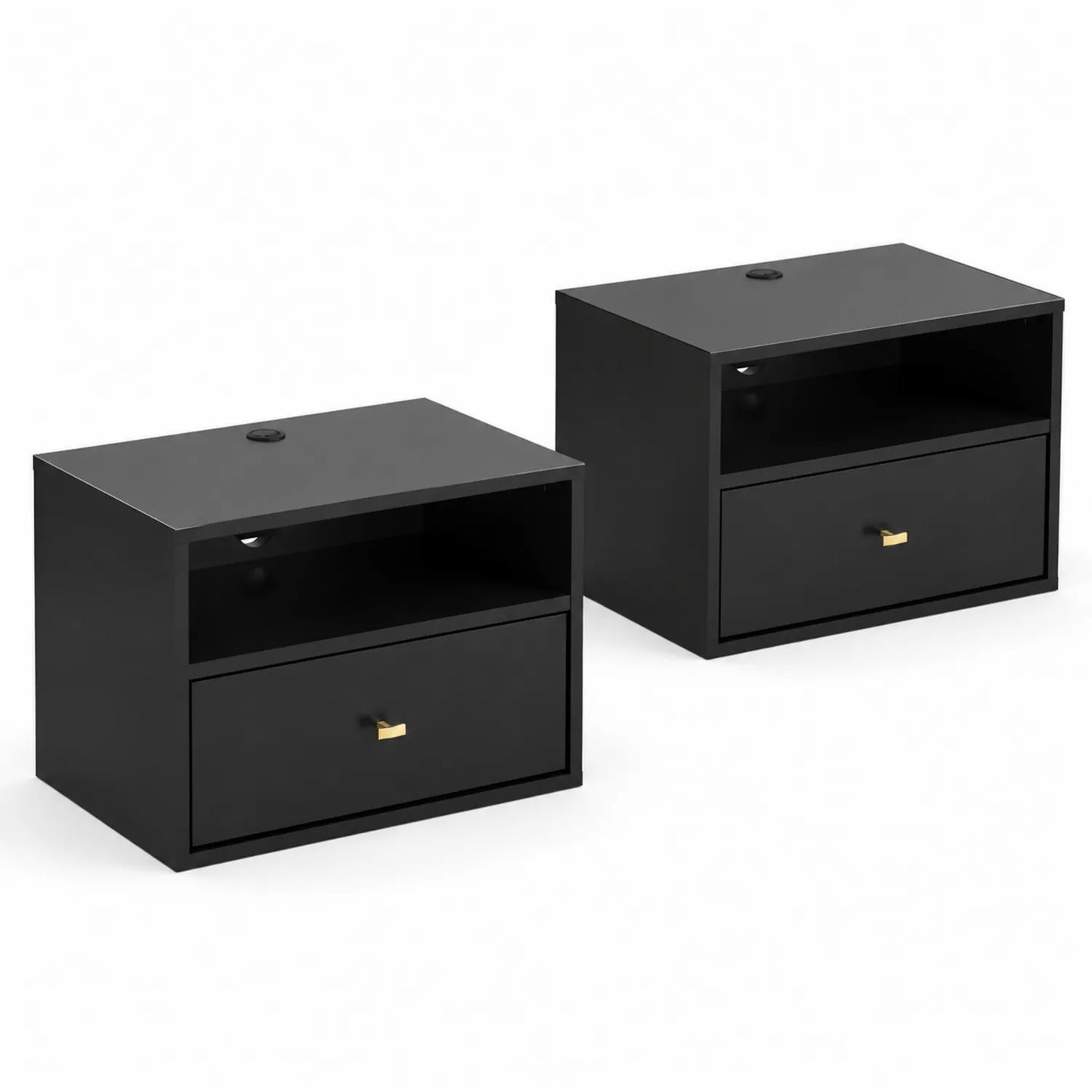 Tables de chevet en bois MDF noir avec tiroir et compartiment ouvert, ensemble de 2