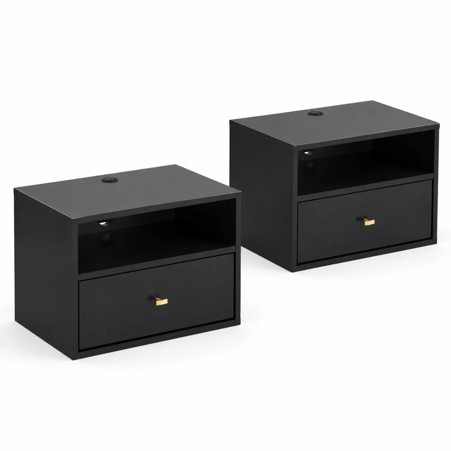 Tables de chevet en bois MDF noir avec tiroir et compartiment ouvert, ensemble de 2