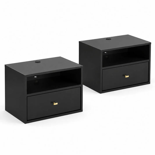 Tables de chevet en bois MDF noir avec tiroir et compartiment ouvert, ensemble de 2