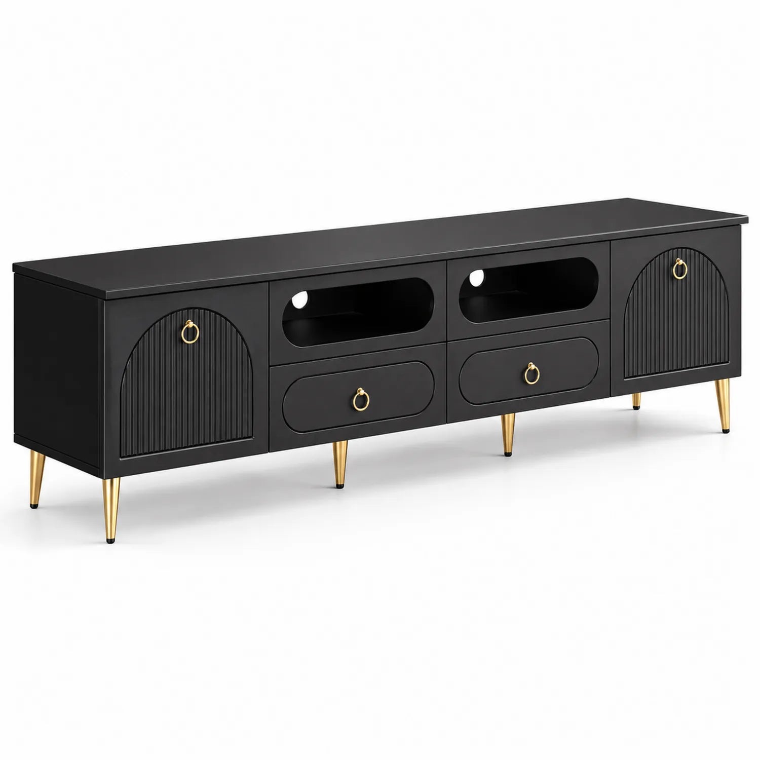 Meuble TV en bois MDF noir avec pieds métalliques dorés