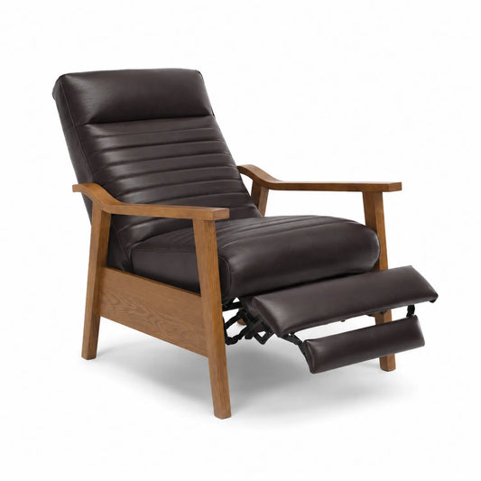 Fauteuil inclinable en cuir synthétique marron avec cadre en chêne