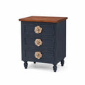 Table de chevet en bois à 3 tiroirs bleu foncé avec poignées florales