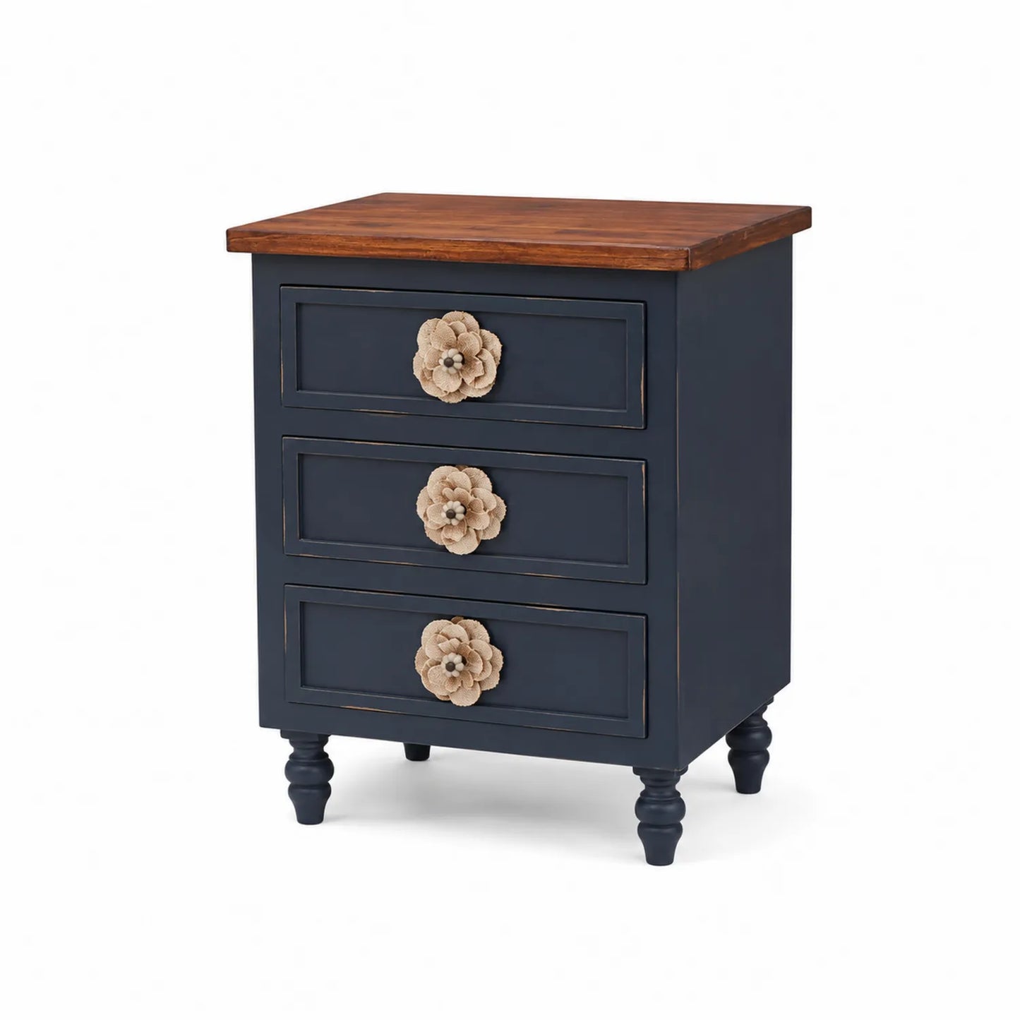 Table de chevet en bois à 3 tiroirs bleu foncé avec poignées florales