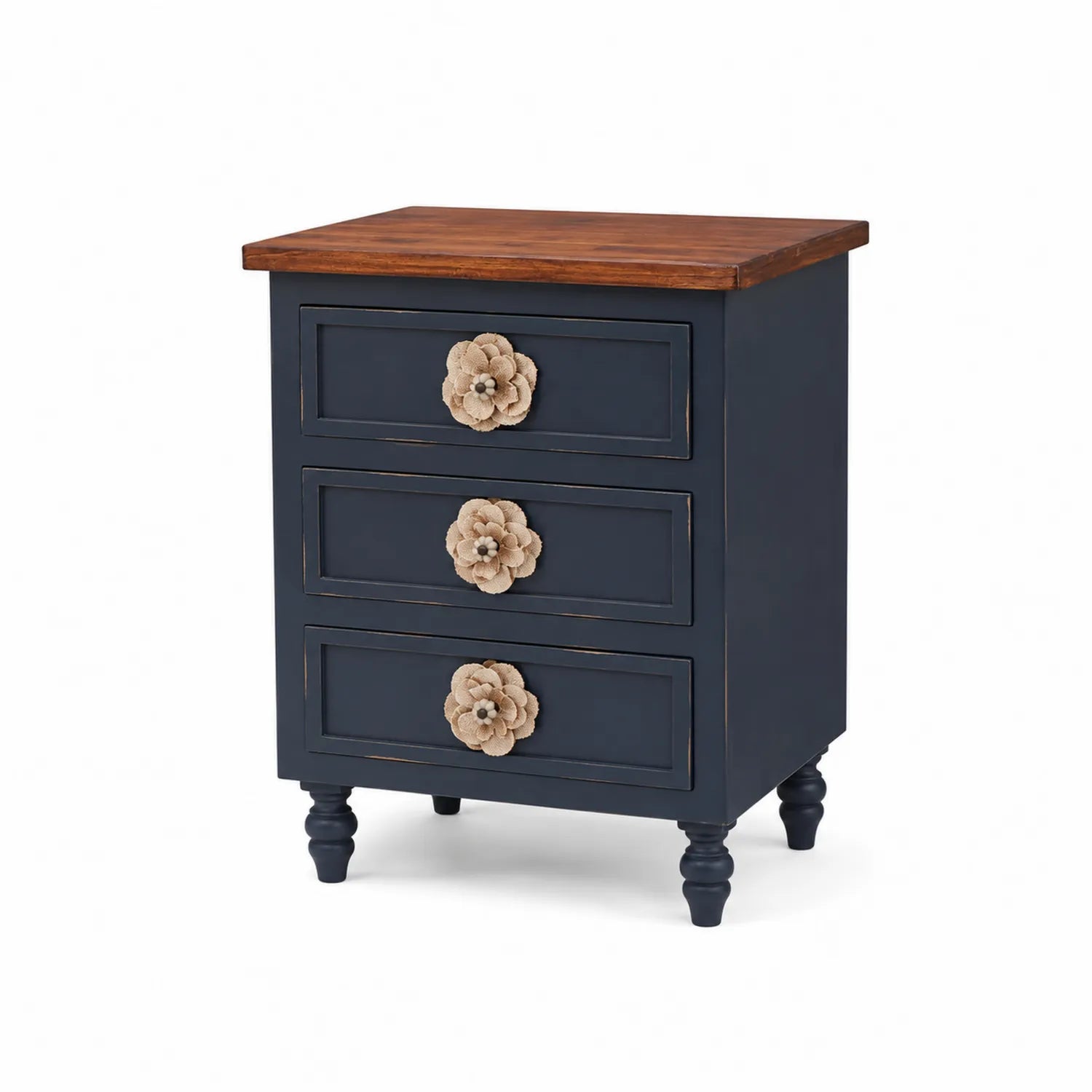 Table de chevet en bois à 3 tiroirs bleu foncé avec poignées florales