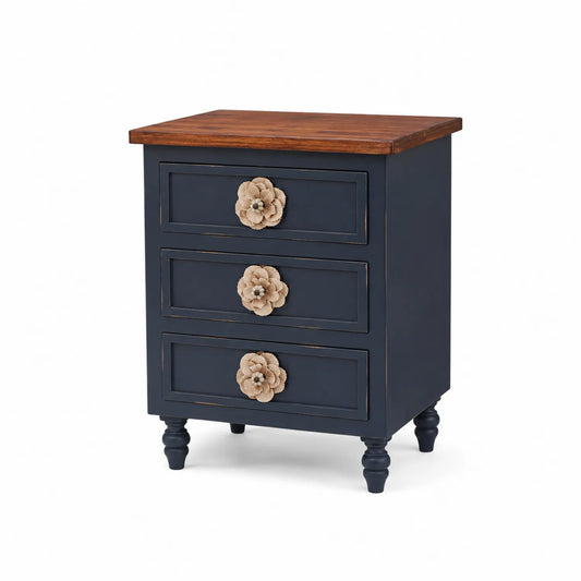 Table de chevet en bois à 3 tiroirs bleu foncé avec poignées florales